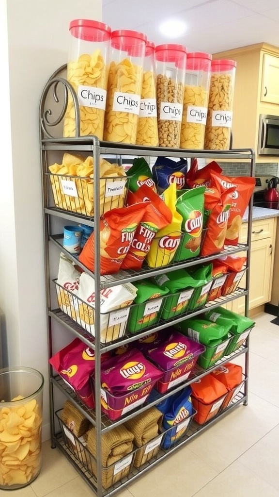 An organized snack station with clear containers of chips, labeled bins, and a tiered rack in a bright kitchen.
